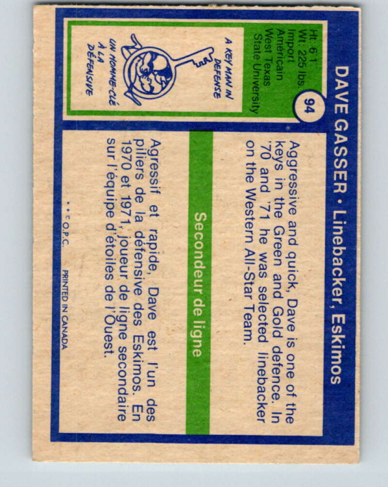1972 O-Pee-Chee CFL Football #94 Dave Gasser, Eskimos V33063