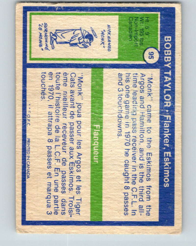 1972 O-Pee-Chee CFL Football #95 Bobby Taylor, Eskimos V33064