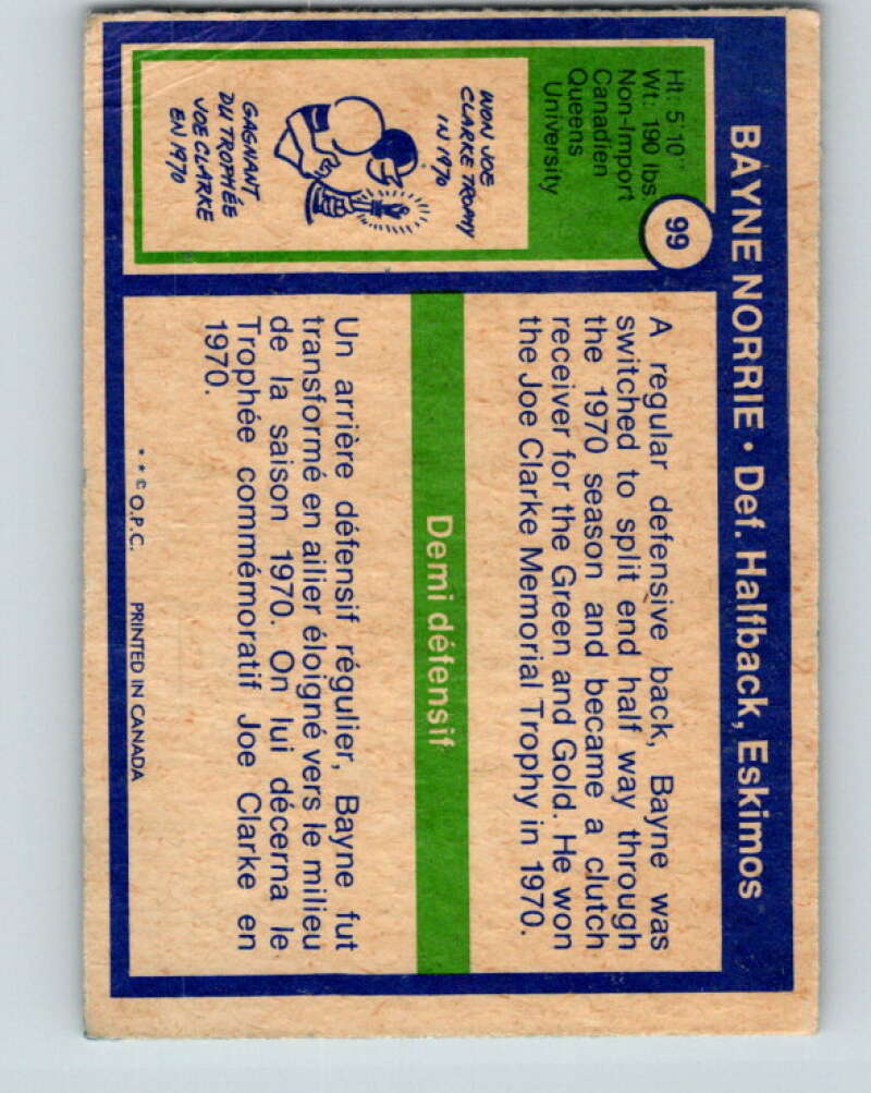 1972 O-Pee-Chee CFL Football #99 Bayne Norrie, Eskimos V33066