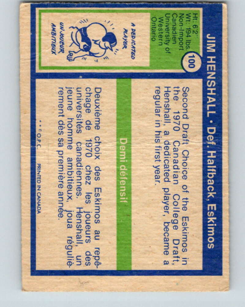 1972 O-Pee-Chee CFL Football #100 Jim Henshall, Eskimos V33067