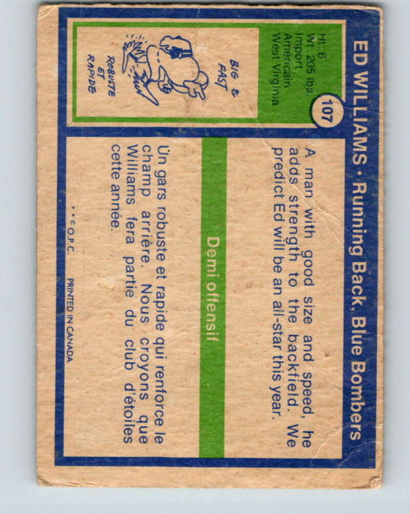 1972 O-Pee-Chee CFL Football #107 Ed Williams, Blue Bombers V33069