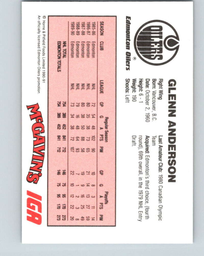 1990-91 IGA Edmonton Oilers #1 Glenn Anderson EdmontonAK2:AK55 Oilers V33072