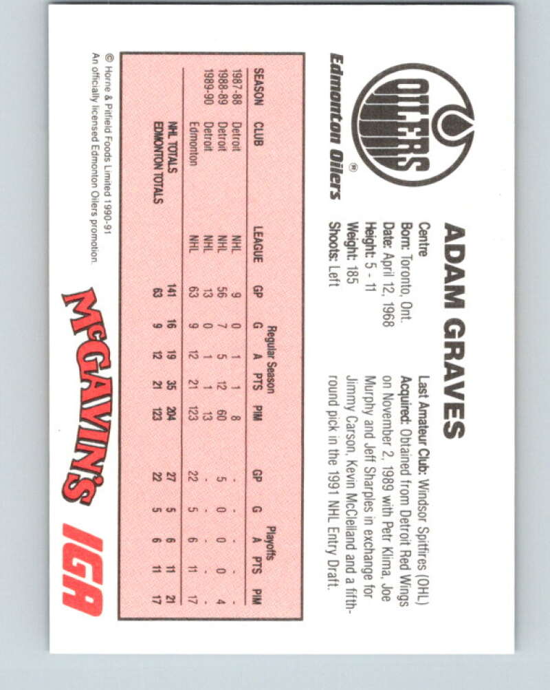 1990-91 IGA Edmonton Oilers #6 Adam Graves Edmonton Oilers V33077