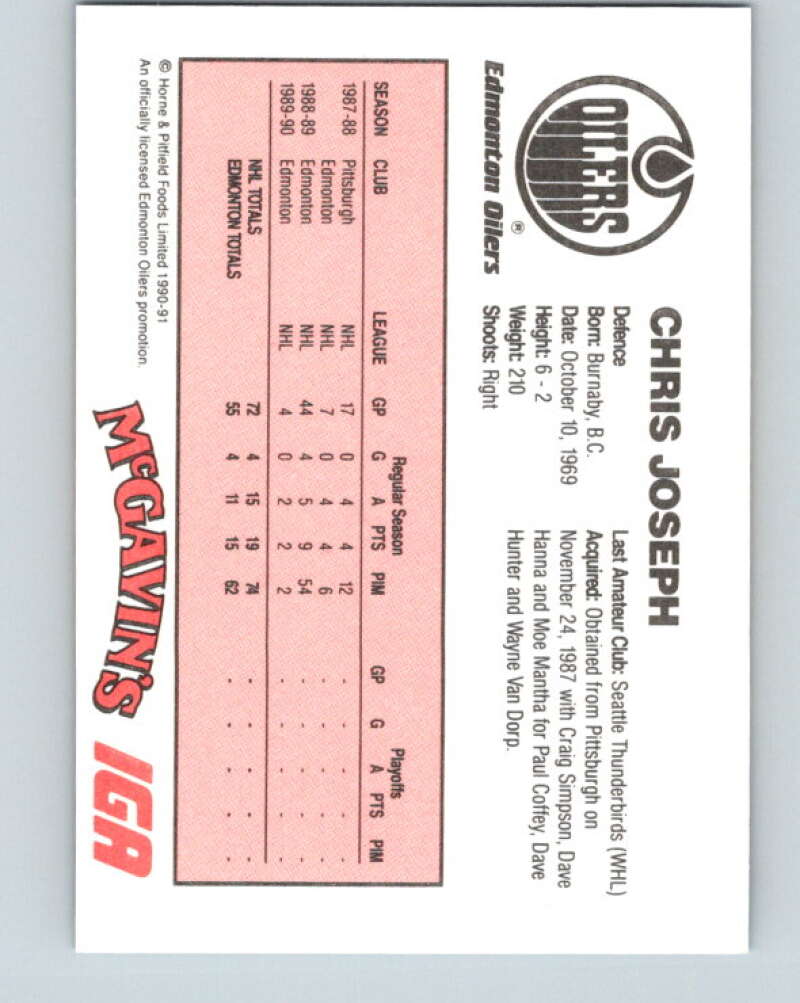 1990-91 IGA Edmonton Oilers #9 Chris Joseph Edmonton Oilers V33080