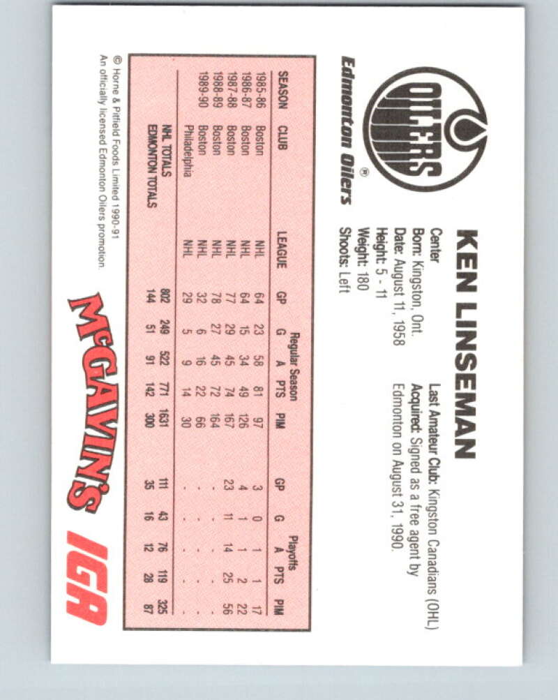 1990-91 IGA Edmonton Oilers #12 Ken Linseman Edmonton Oilers V33083