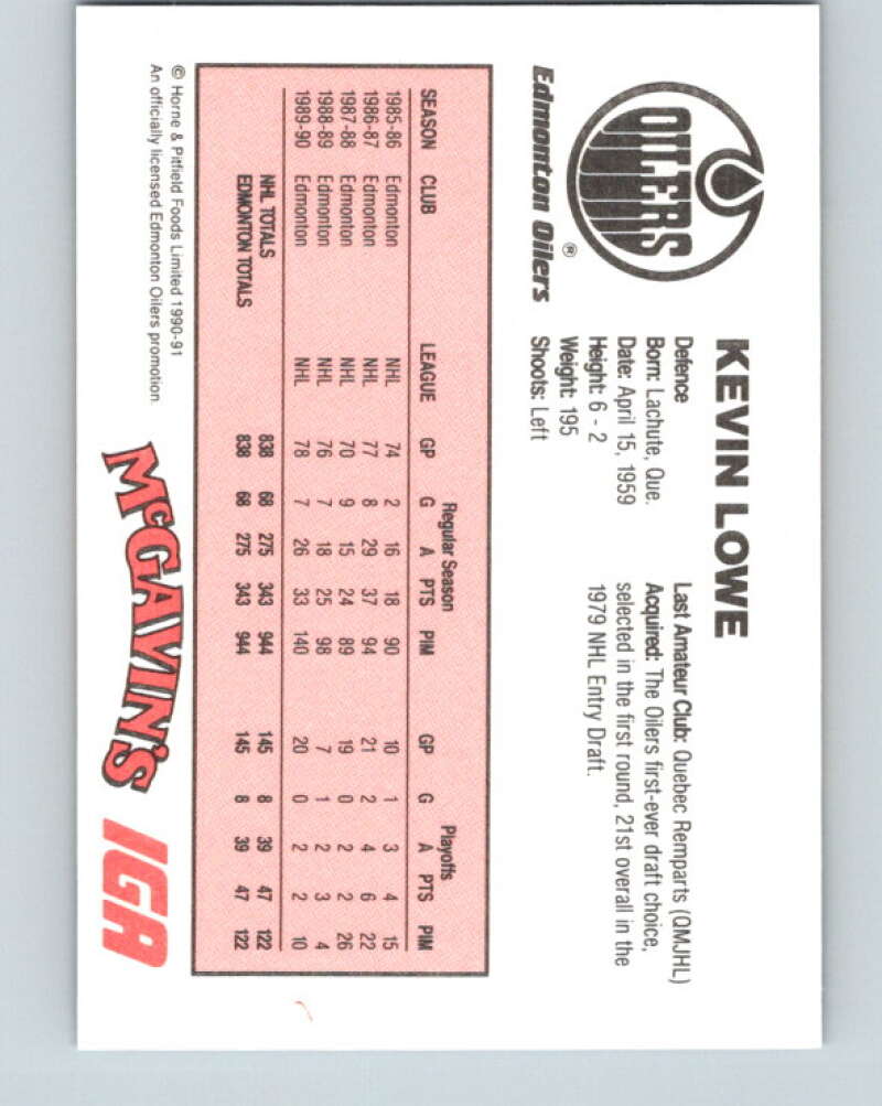 1990-91 IGA Edmonton Oilers #14 Kevin Lowe  Edmonton Oilers  V33085