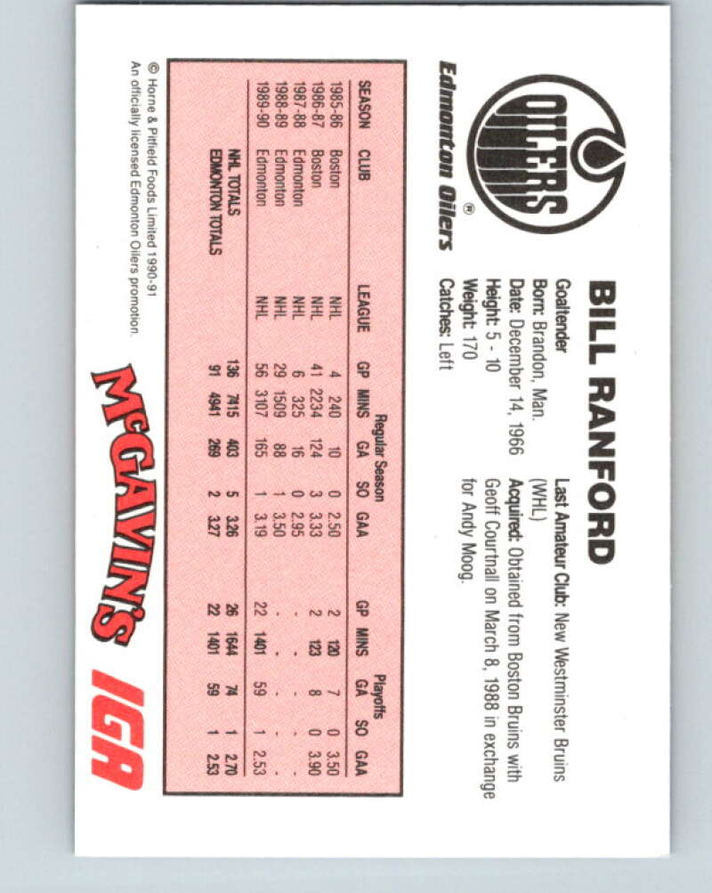 1990-91 IGA Edmonton Oilers #21 Bill Ranford Edmonton Oilers V33091