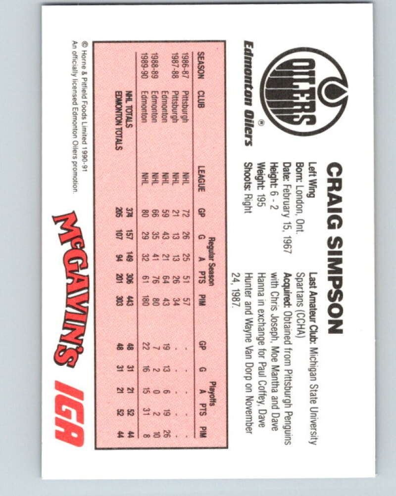1990-91 IGA Edmonton Oilers #23 Craig Simpson Edmonton Oilers V33093