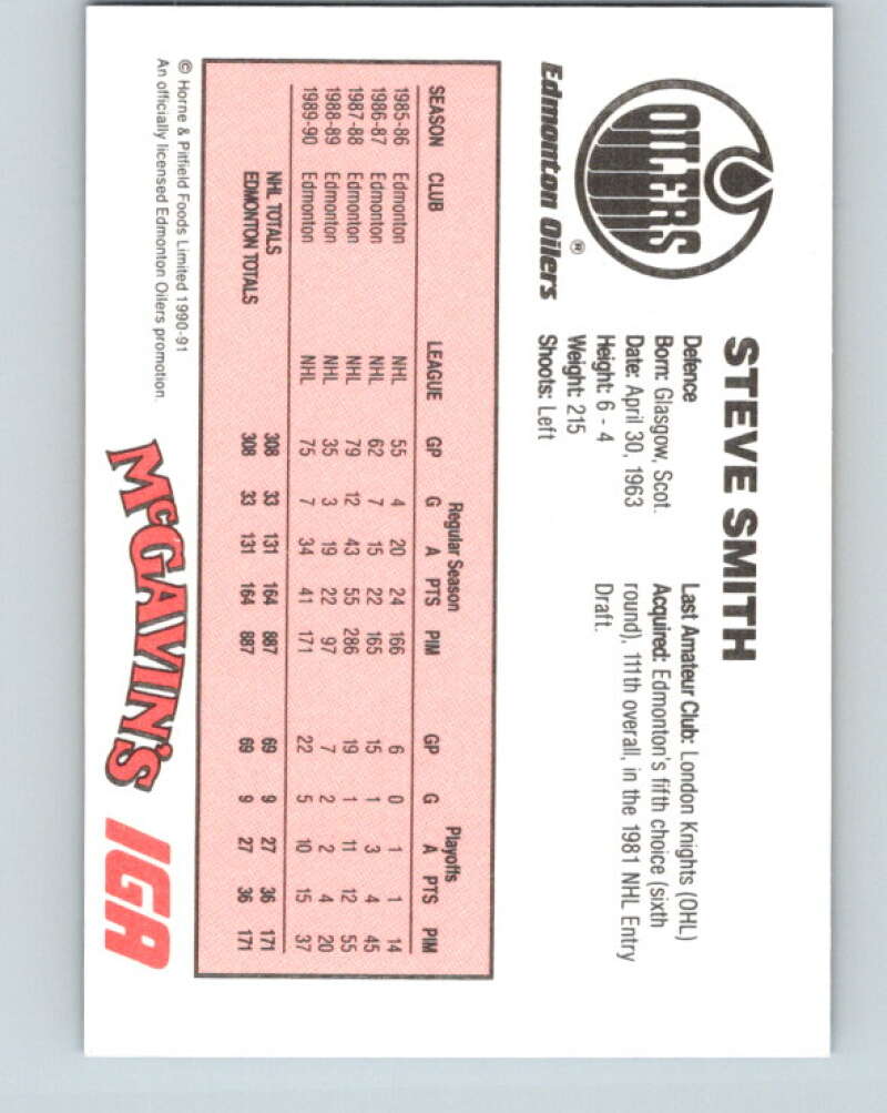 1990-91 IGA Edmonton Oilers #25 Steve Smith Edmonton Oilers V33095