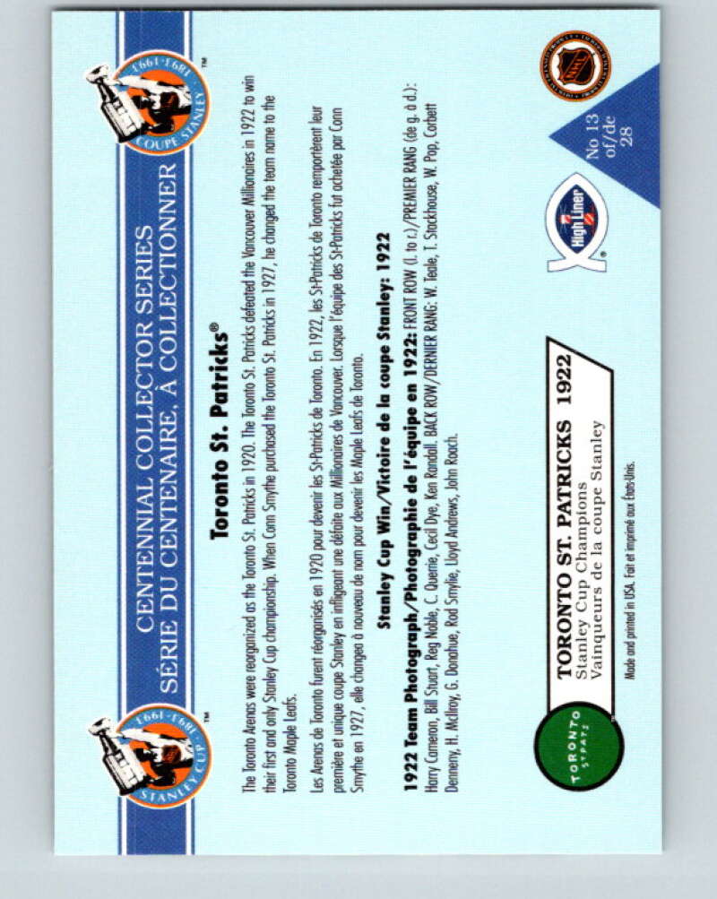 1992-93 High Liner Stanley Cup #13 Toronto St. Patricks V33139