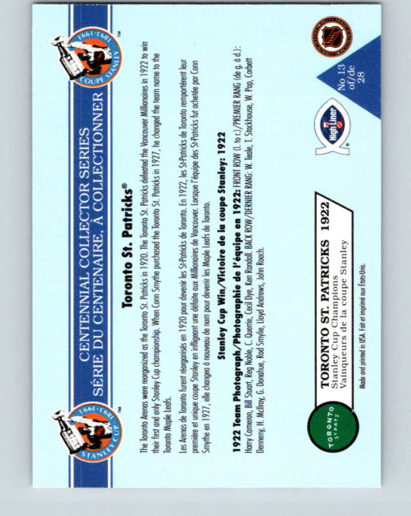 1992-93 High Liner Stanley Cup #13 Toronto St. Patricks V33140