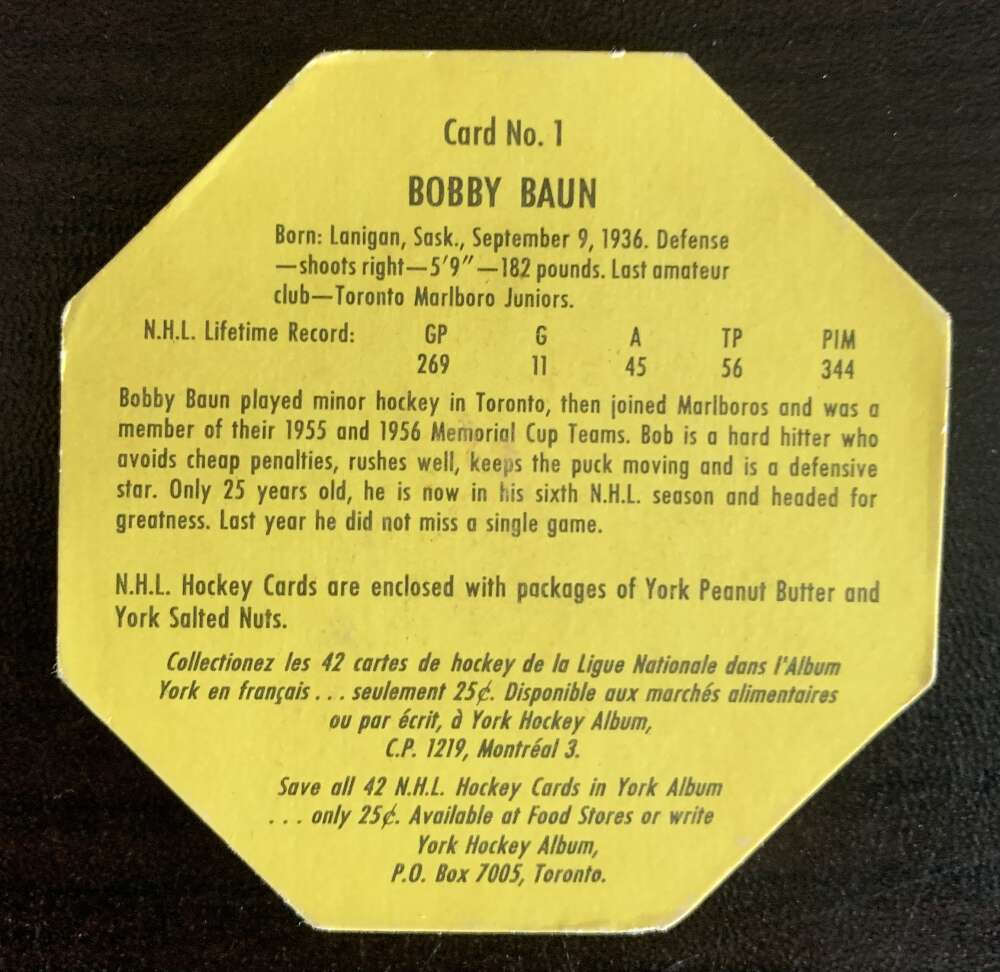 1961-62 York Yellow Backs #1 Bob Baun Toronto Maple Leafs V33177