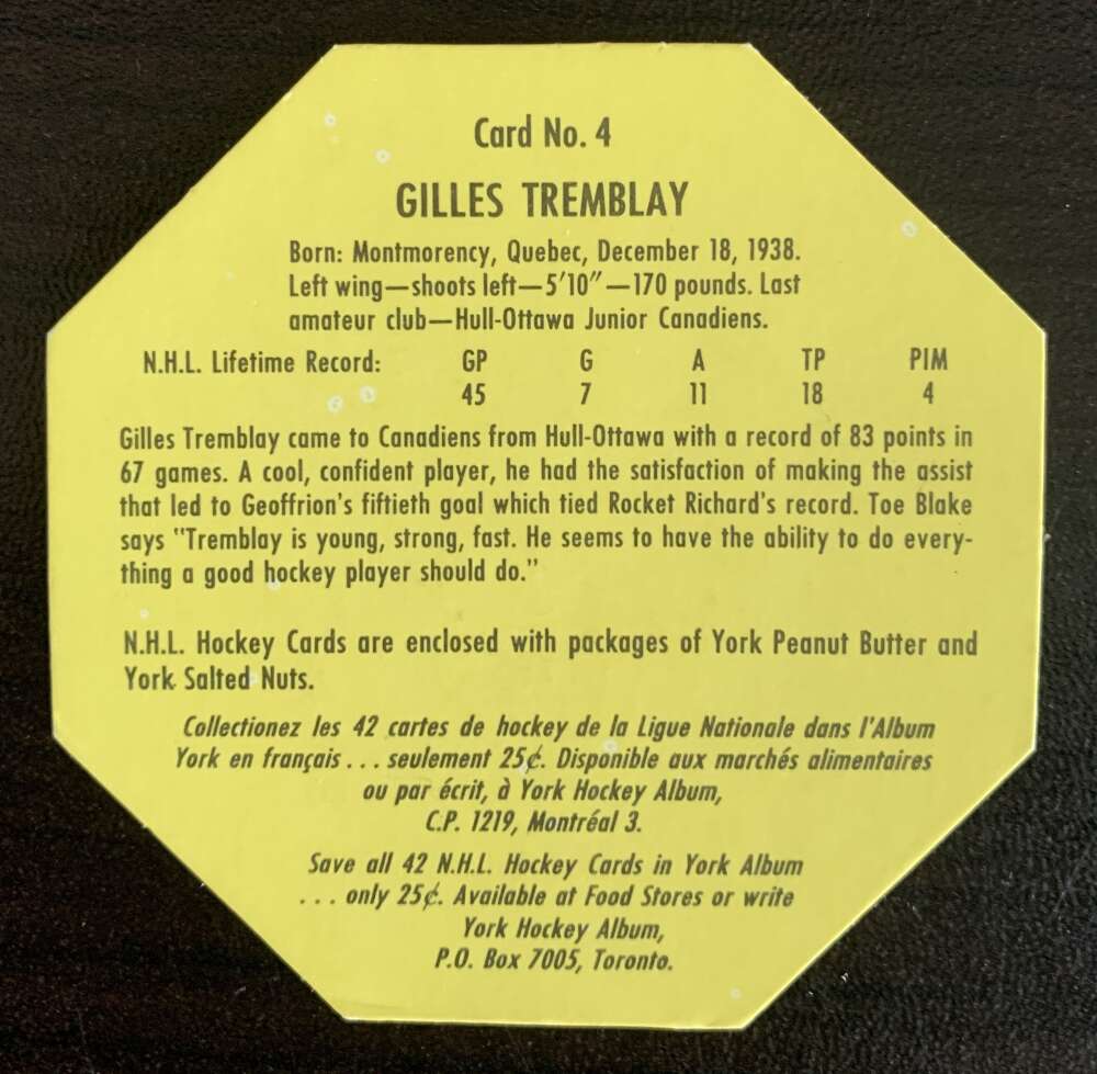 1961-62 York Yellow Backs #4 Gilles Tremblay Montreal Canadiens V33178