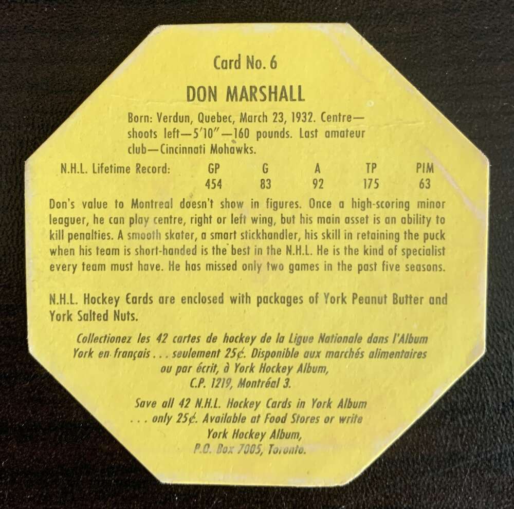 1961-62 York Yellow Backs #6 Don Marshall Montreal Canadiens V33180