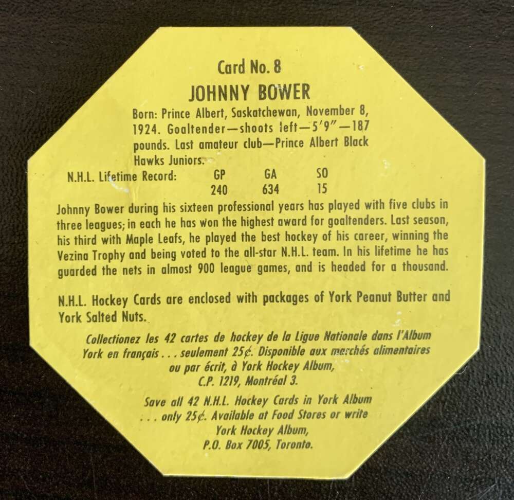 1961-62 York Yellow Backs #8 Johnny Bower Toronto Maple Leafs V33181
