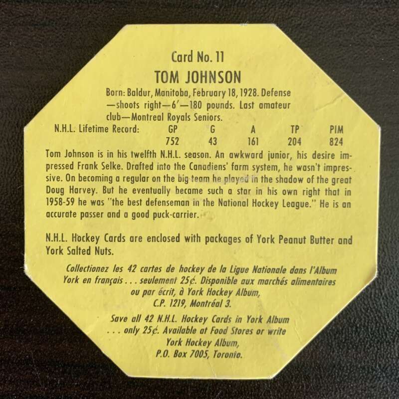 1961-62 York Yellow Backs #11 Tom Johnson Montreal Canadiens V33182
