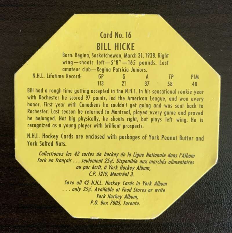 1961-62 York Yellow Backs #16 Bill Hicke Montreal Canadiens V33185