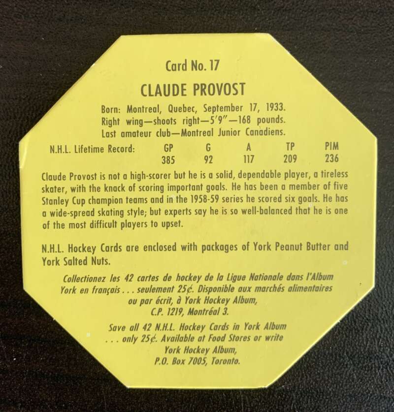 1961-62 York Yellow Backs #17 Claude Provost Montreal Canadiens V33186