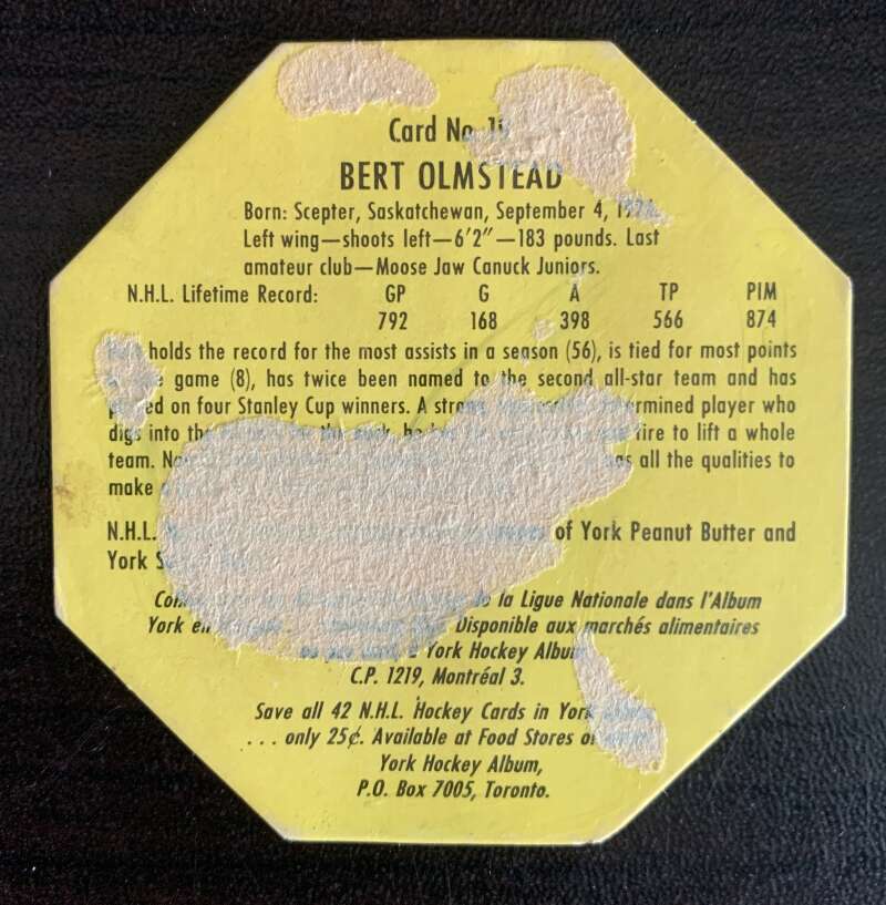 1961-62 York Yellow Backs #19 Bert Olmstead Toronto Maple Leafs V33188