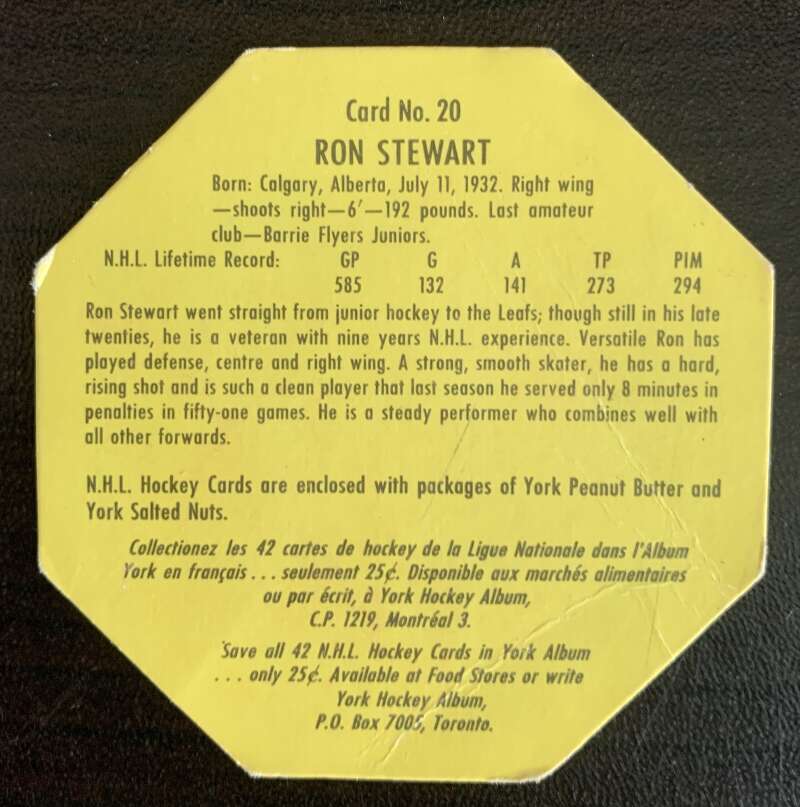 1961-62 York Yellow Backs #20 Ron Stewart Toronto Maple Leafs V33189