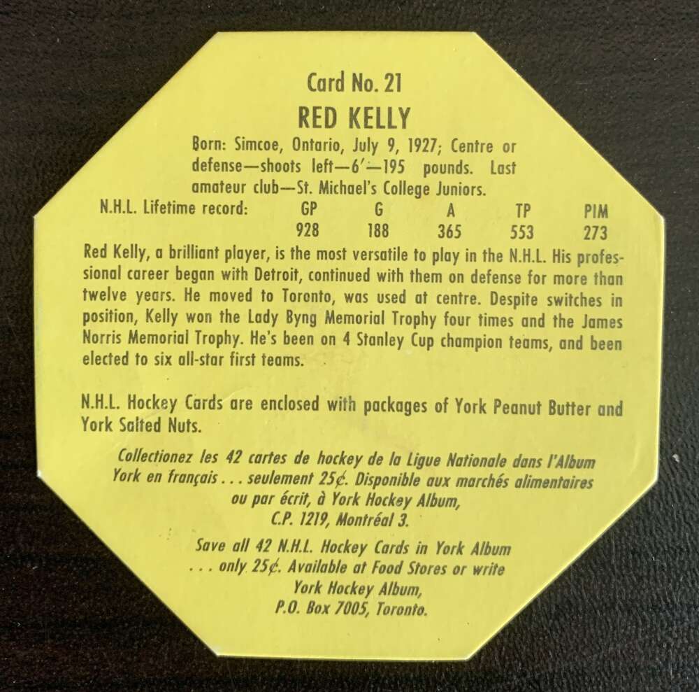 1961-62 York Yellow Backs #21 Red Kelly Toronto Maple Leafs V33190