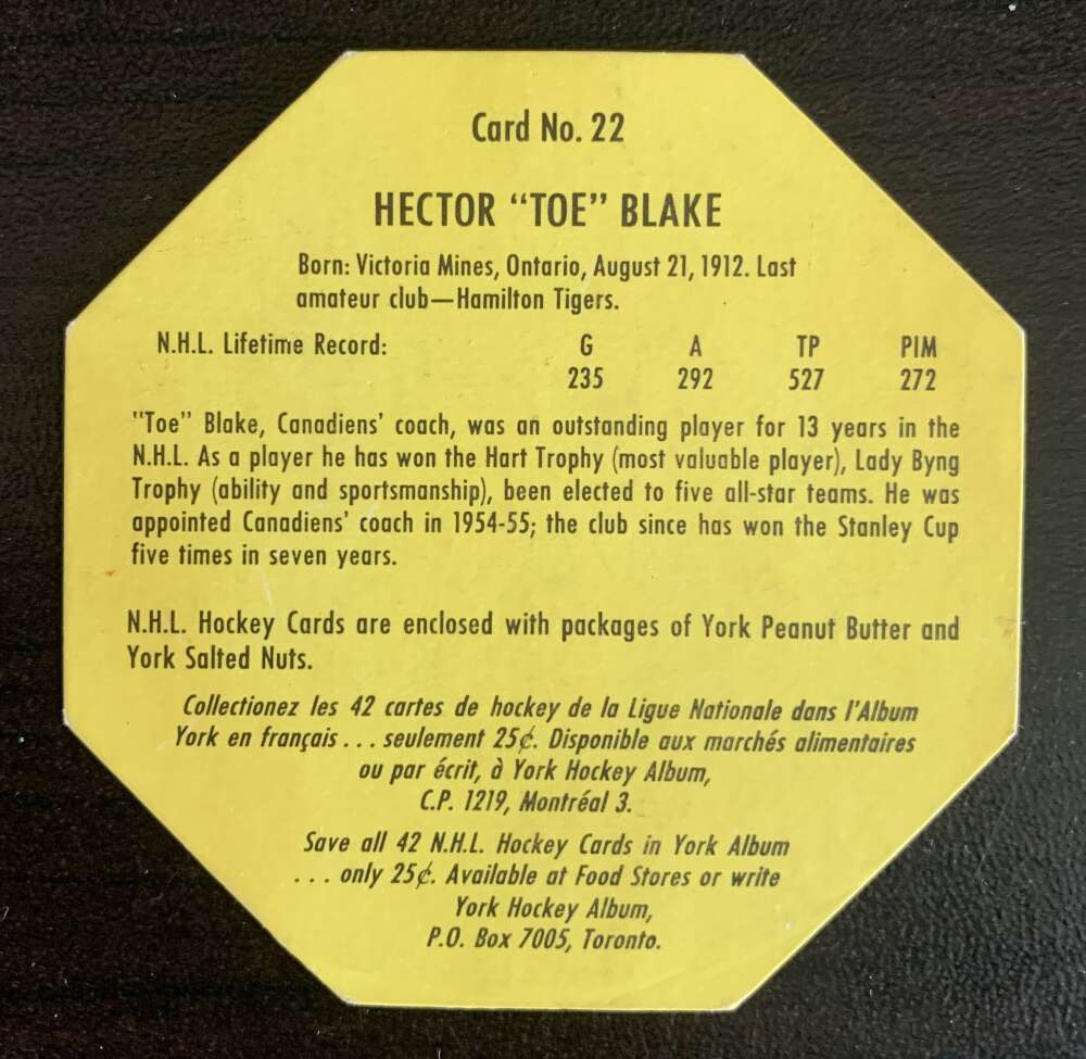 1961-62 York Yellow Backs #22 Toe Blake Montreal Canadiens V33192
