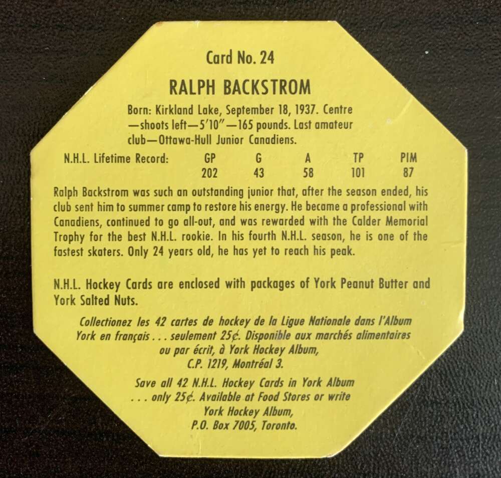 1961-62 York Yellow Backs #24 Ralph Backstrom Montreal Canadiens V33193