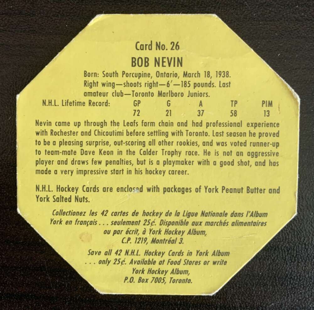 1961-62 York Yellow Backs #26 Bob Nevin Toronto Maple Leafs V33195