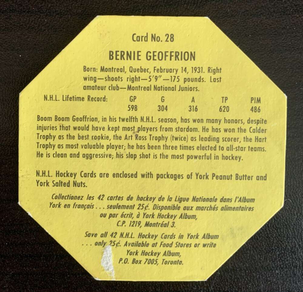 1961-62 York Yellow Backs #28 Bernie Geoffrion Montreal Canadiens V33197