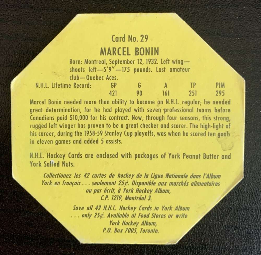 1961-62 York Yellow Backs #29 Marcel Bonin Montreal Canadiens V33199