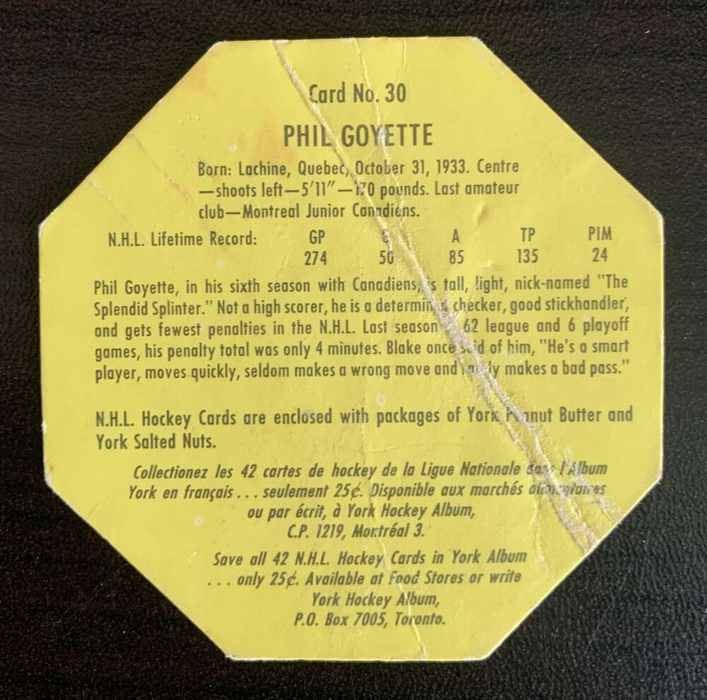 1961-62 York Yellow Backs #30 Phil Goyette Montreal Canadiens V33200