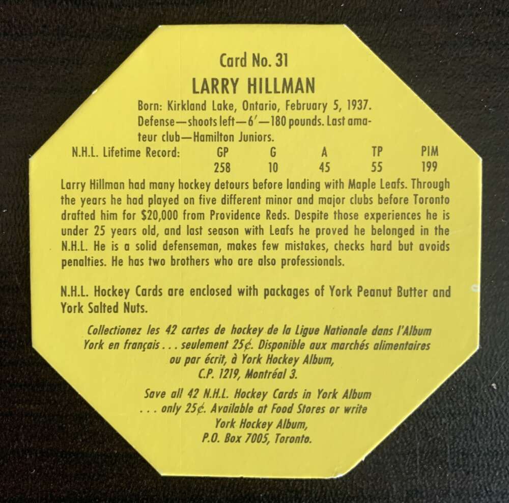 1961-62 York Yellow Backs #31 Larry Hillman Toronto Maple Leafs V33201