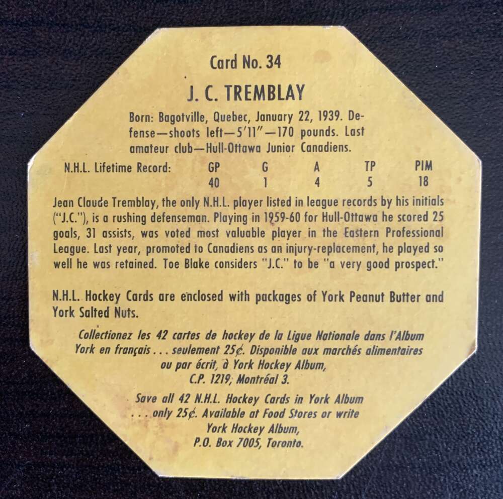 1961-62 York Yellow Backs #34 J.C. Tremblay Montreal Canadiens V33204