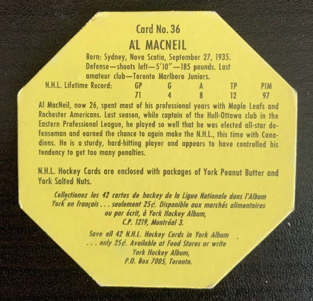 1961-62 York Yellow Backs #36 Al MacNeil Toronto Maple Leafs V33206
