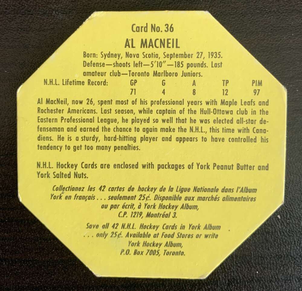 1961-62 York  Yellow Backs #36 Al MacNeil  Toronto Maple Leafs  V33206