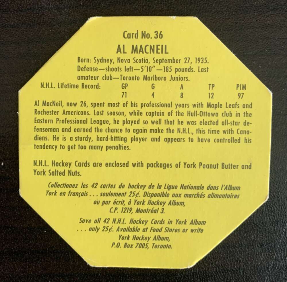 1961-62 York Yellow Backs #36 Al MacNeil Toronto Maple Leafs V33207