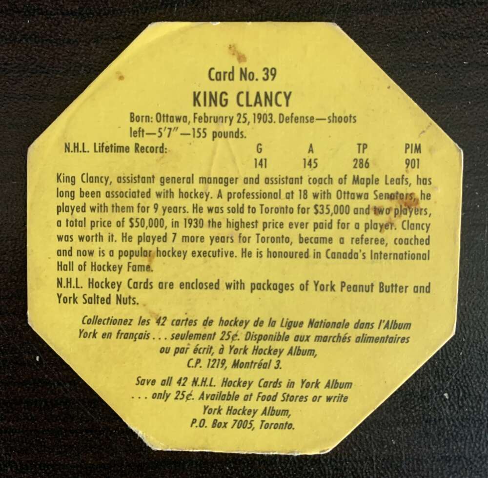 1961-62 York Yellow Backs #39 King Clancy Toronto Maple Leafs V33208