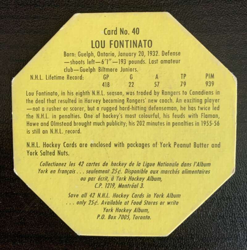 1961-62 York Yellow Backs #40 Lou Fontinato Montreal Canadiens V33209