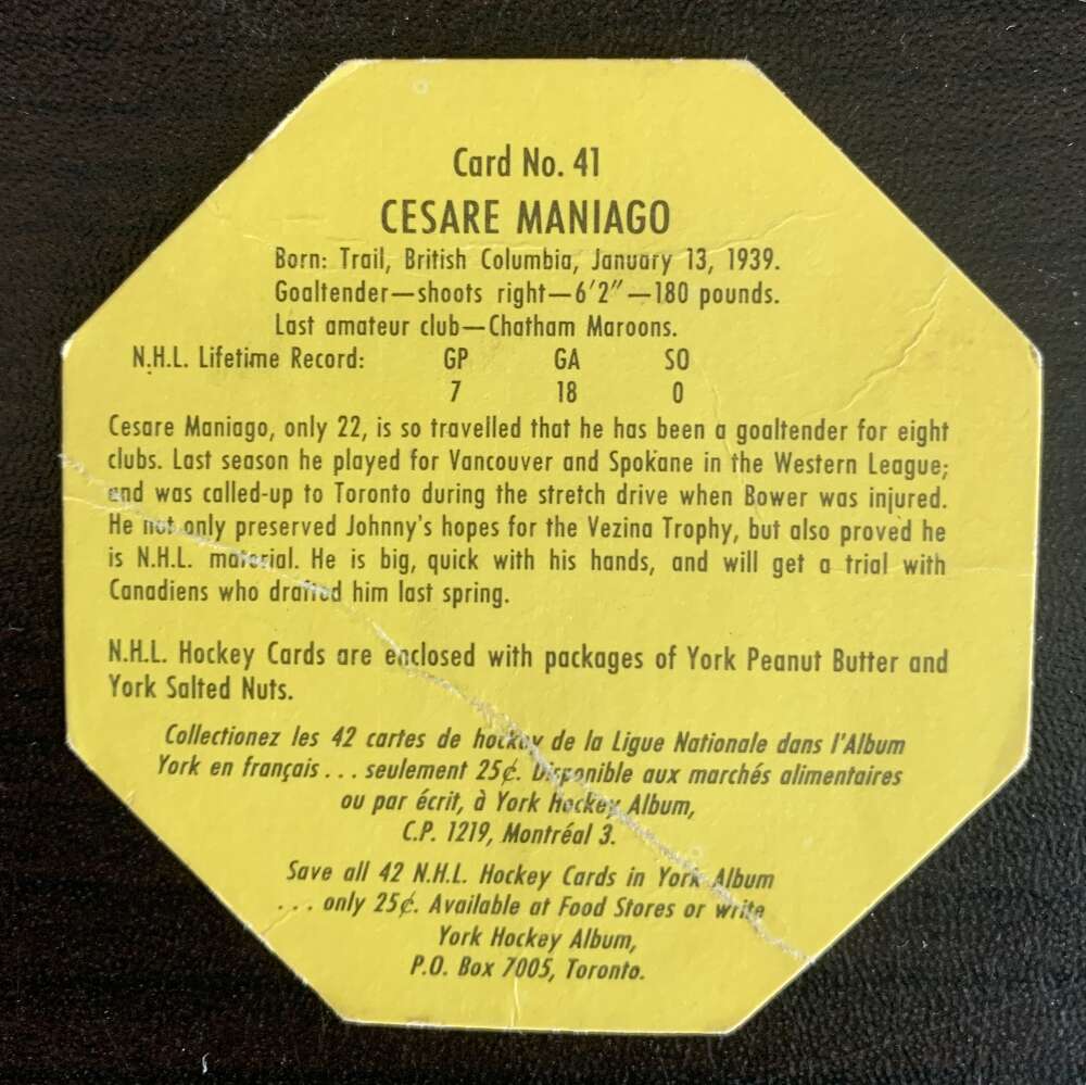 1961-62 York Yellow Backs #41 Cesare Maniago Toronto Maple Leafs V33210