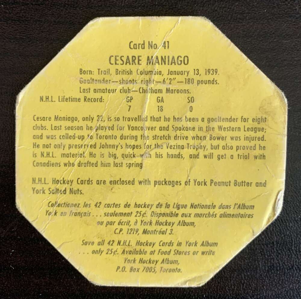 1961-62 York Yellow Backs #41 Cesare Maniago Toronto Maple Leafs V33211