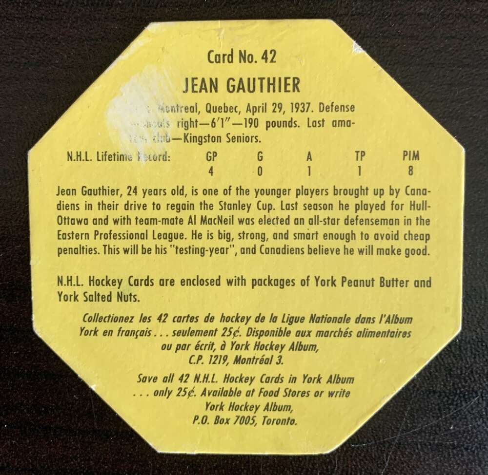 1961-62 York Yellow Backs #42 Jean Gauthier Montreal Canadiens V33213