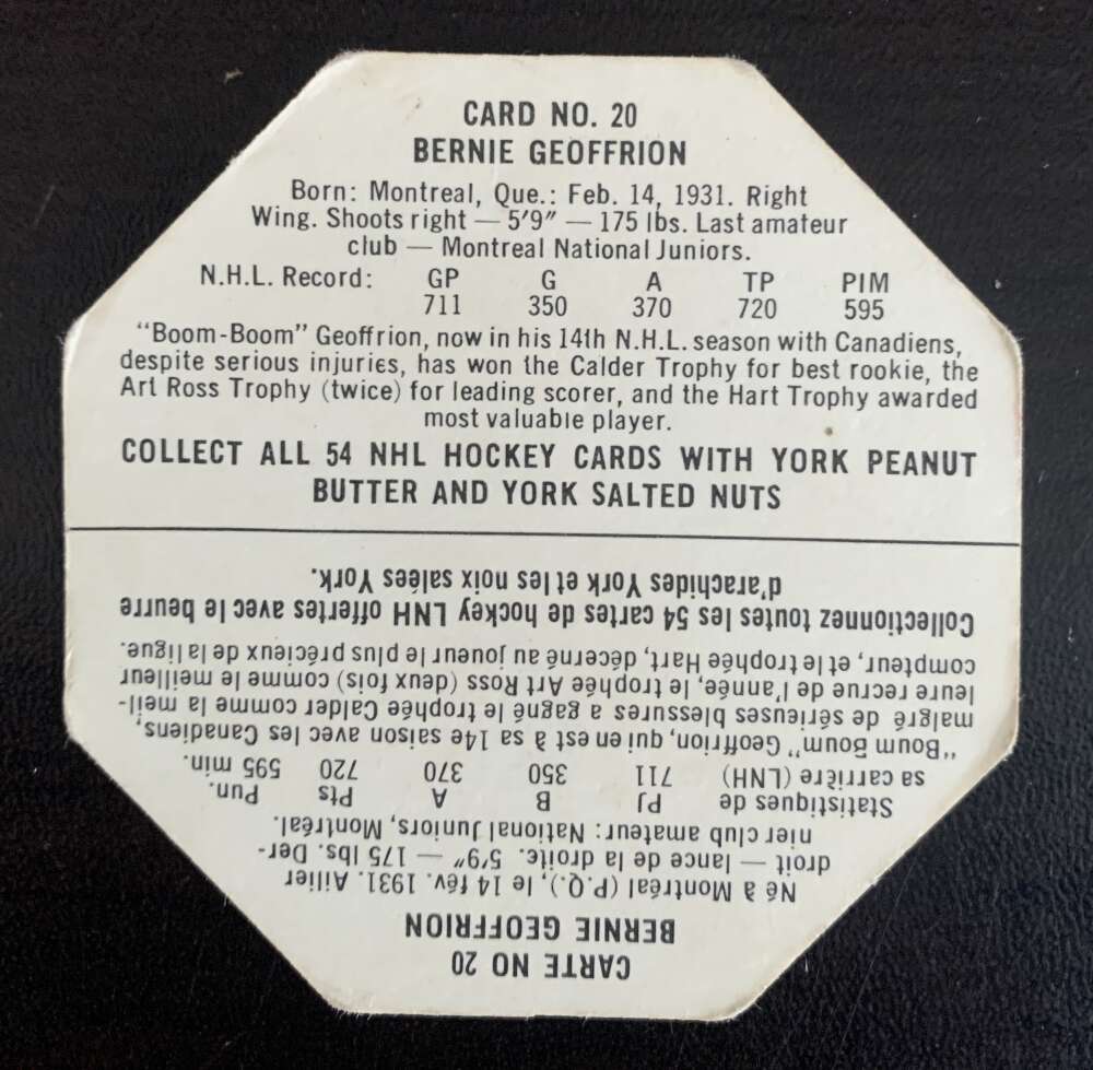1963-64 York White Backs #20 Bernie Geoffrion Montreal Canadiens V33220