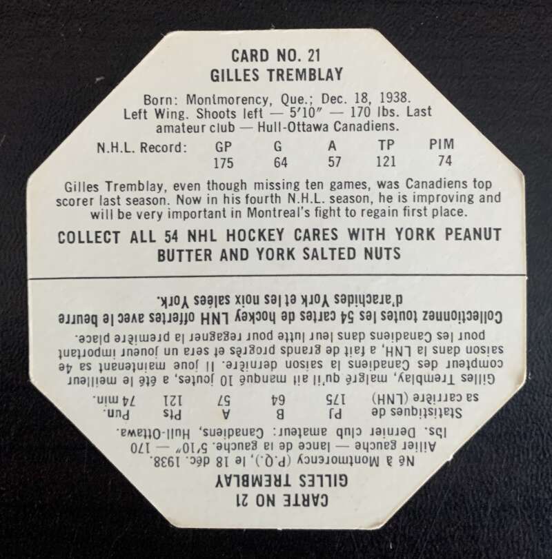 1963-64 York White Backs #21 Gilles Tremblay Montreal Canadiens V33224