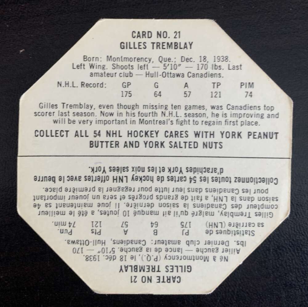 1963-64 York White Backs #21 Gilles Tremblay Montreal Canadiens V33225
