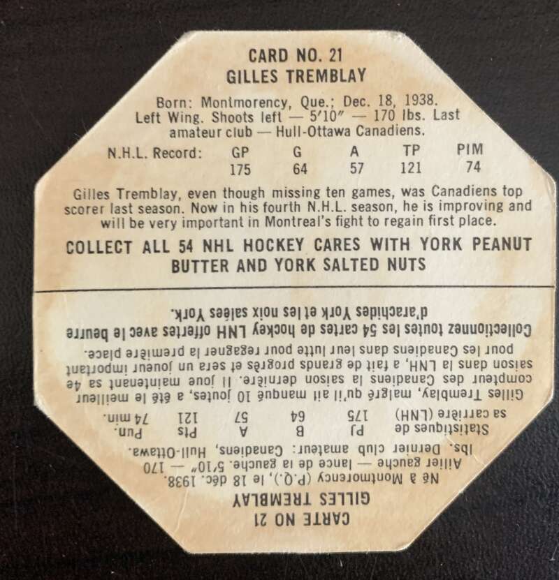 1963-64 York White Backs #21 Gilles Tremblay Montreal Canadiens V33226