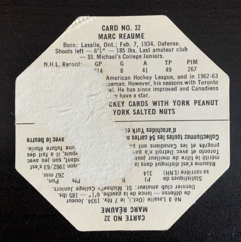 1963-64 York White Backs #32 Marc Reaume Montreal Canadiens V33228