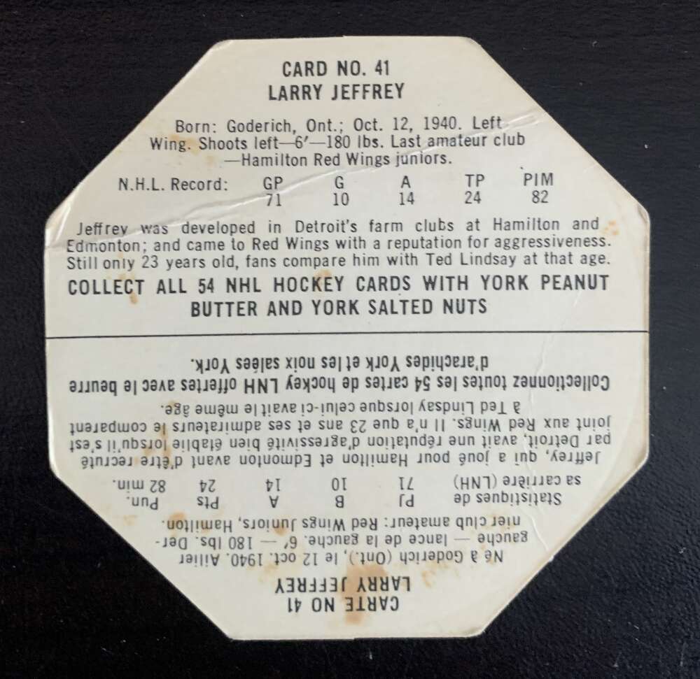 1963-64 York White Backs #41 Larry Jeffrey Detroit Red Wings V33231