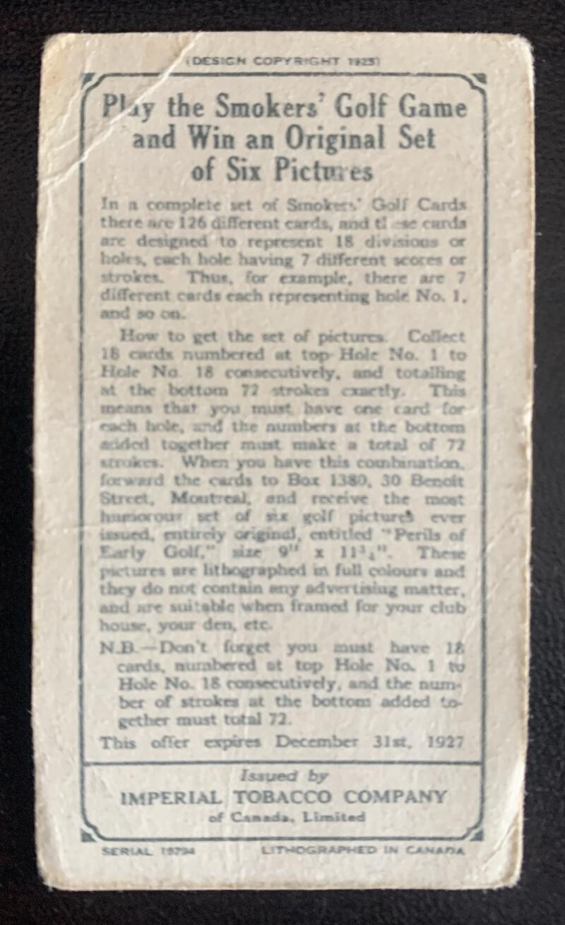 1927 Imperial Tobacco Smokers Game Hole No. 1 Vintage Golf Card V33262
