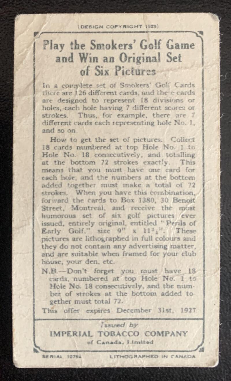1927 Imperial Tobacco Smokers Game Hole No. 10 Vintage Golf Card V33265