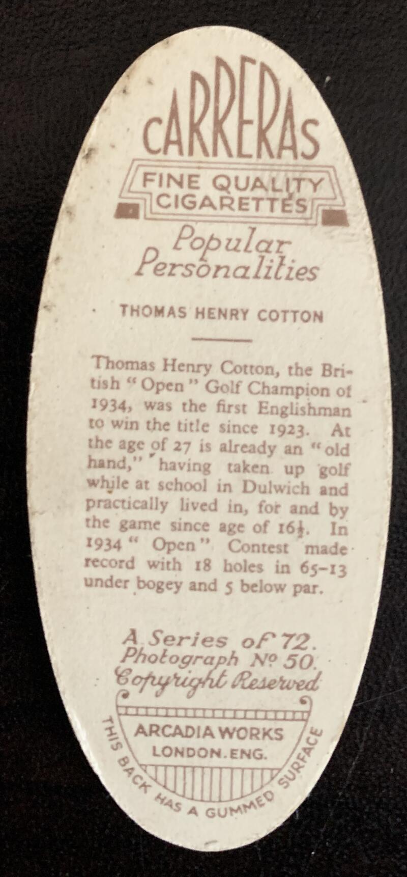 1935 Carreras Tobacco Cigarettes #50 Thomas Cotton Vintage Golf Card V33275